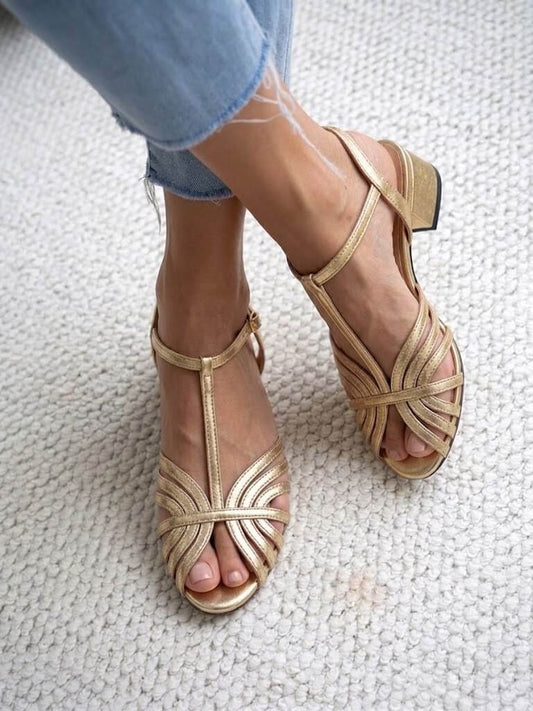 Elegant Metallic Gold T-Strap Peep Toe Multi Strap Flat Sandals