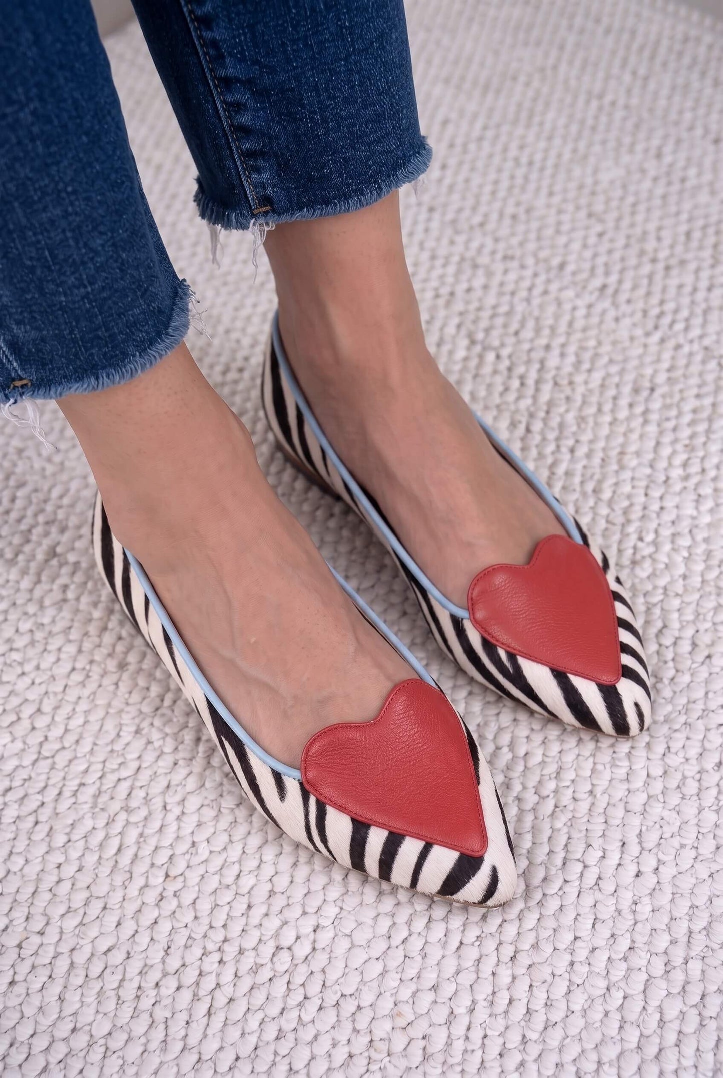 Zebra Printed Heart Appliqué Almond-Toe Slip-On Loafers