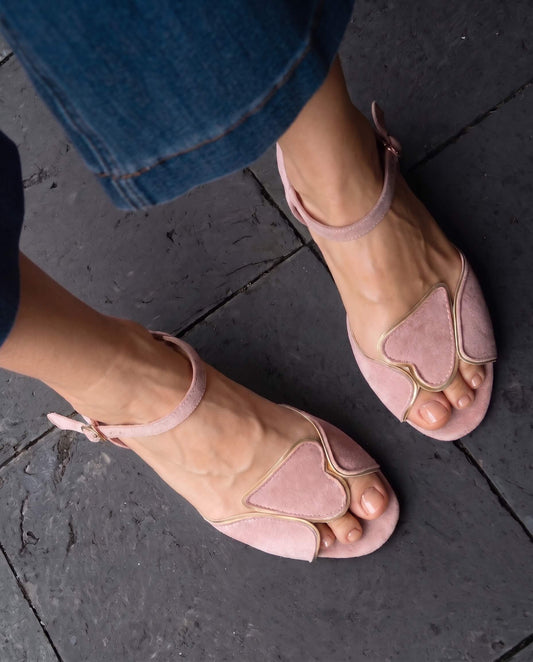 Elegant Dusty Rose Suede Sandals with Gold-Accent Interlocking Heart Toes