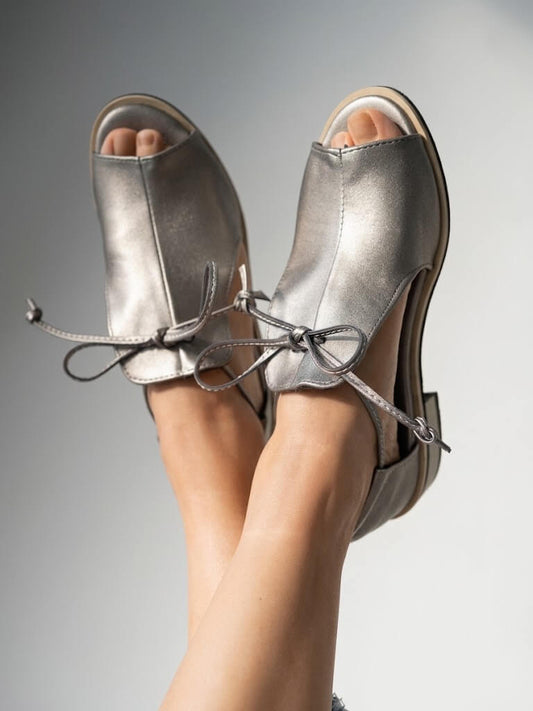 Metallic Sheen Patchwork Tie Up Peep Toe Chunky Heels Silver Sandals