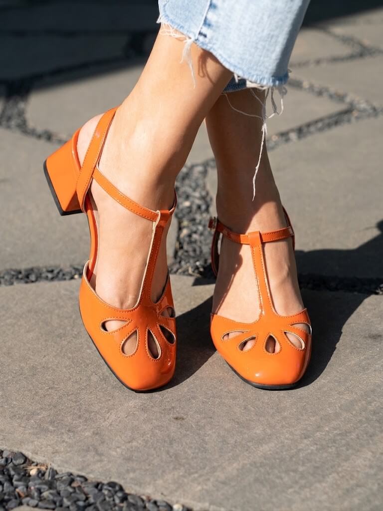 Floral Cutout Square Toe T-Strap Orange Block Heels