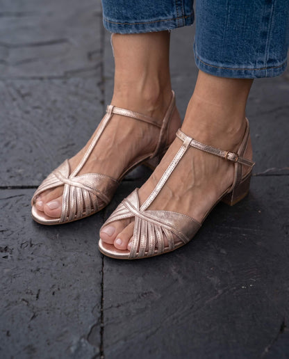 Vintage-Inspired Champagne Gold Pleated Peep-Toe T-Strap Sandals