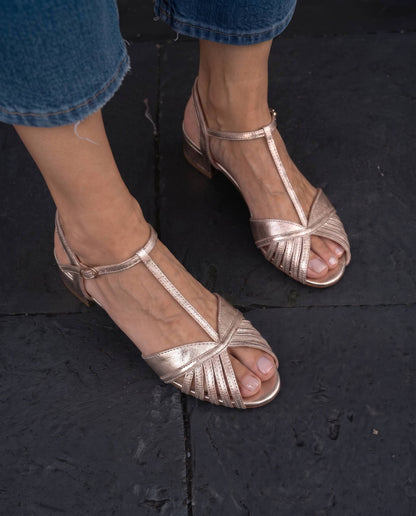 Vintage-Inspired Champagne Gold Pleated Peep-Toe T-Strap Sandals