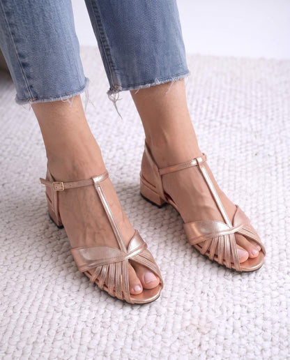 Vintage-Inspired Champagne Gold Pleated Peep-Toe T-Strap Sandals