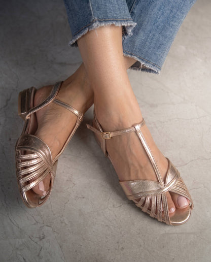 Vintage-Inspired Champagne Gold Pleated Peep-Toe T-Strap Sandals