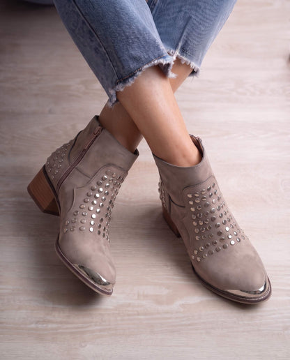 Western-Inspired Taupe Suede Studded Ankle Boots with Metal Tip