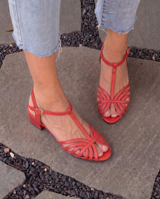 Vintage-Inspired Red Leather T-Strap Sandals with Low Block Heel