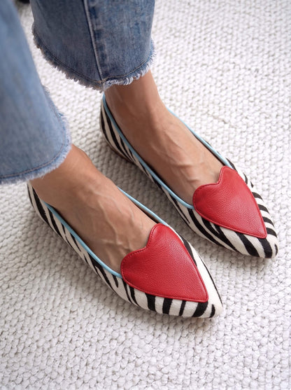 Zebra Printed Heart Appliqué Almond-Toe Slip-On Loafers