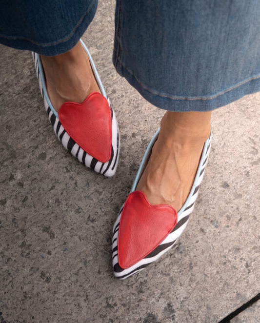Bold Zebra Print Pointed Toe Vegan Leather Flats with Heart