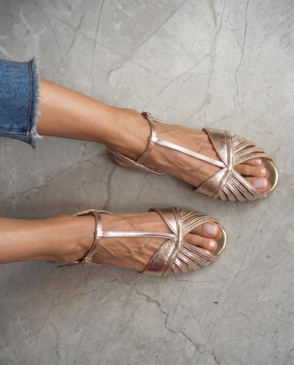 Vintage-Inspired Champagne Gold Pleated Peep-Toe T-Strap Sandals