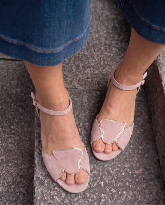 Elegant Dusty Rose Suede Sandals with Gold-Accent Interlocking Heart Toes