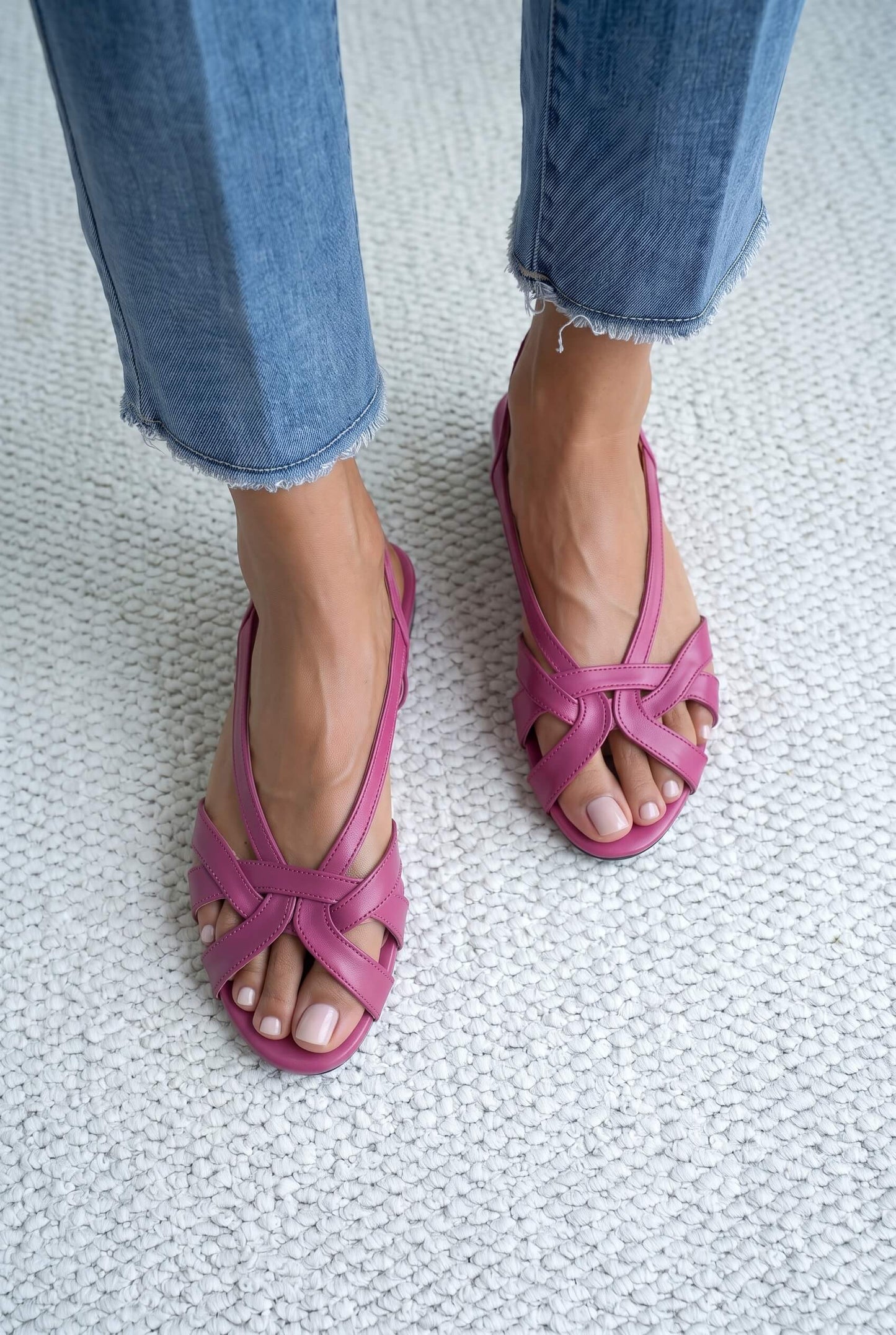 Leather Cross Strap Slingback Low Heel Sandals