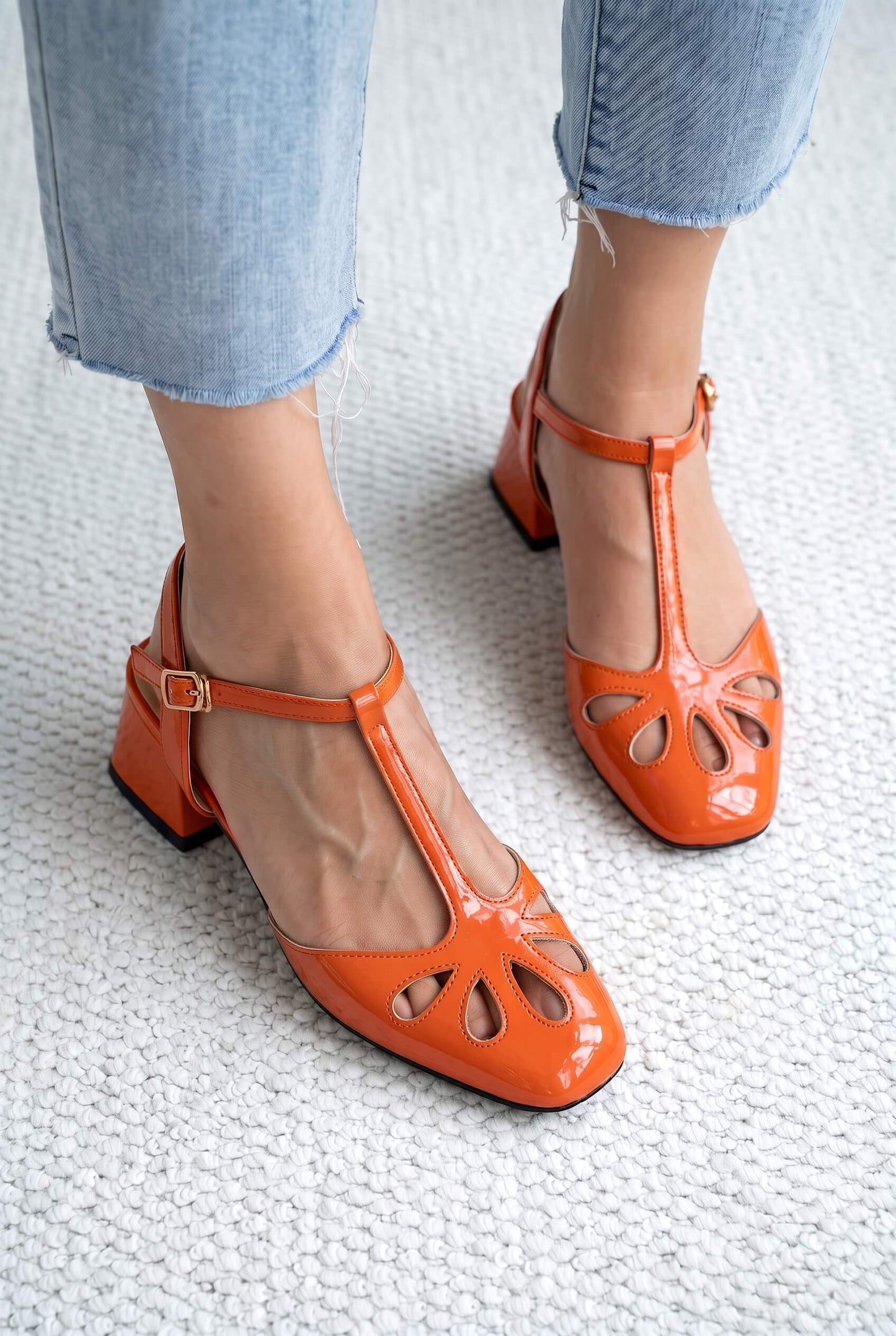 Floral Cutout Square Toe T-Strap Orange Block Heels