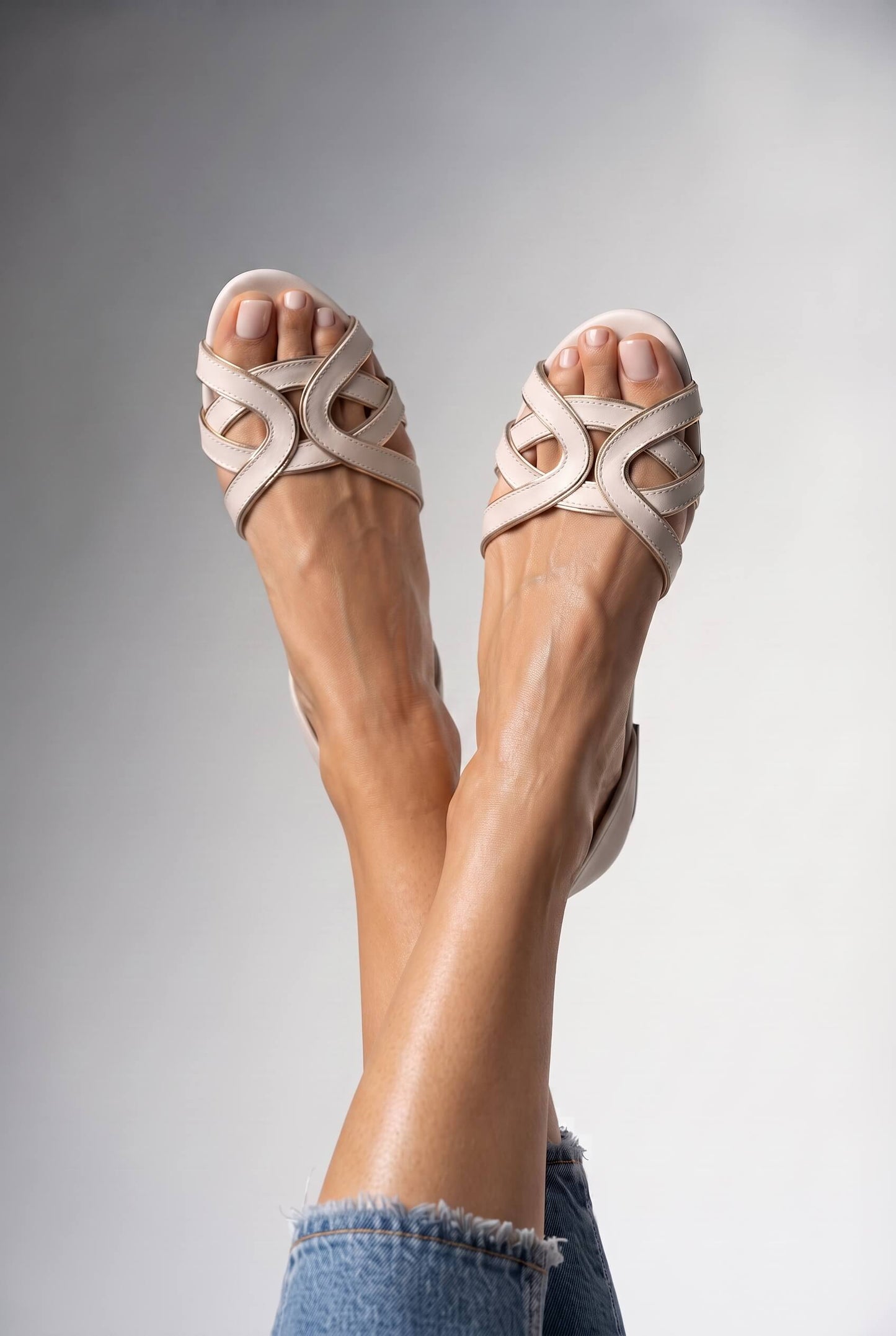 Cutout Open Toe Closed Back Cream Flat Sandals