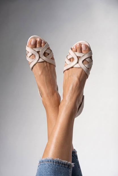 Cutout Open Toe Closed Back Cream Flat Sandals
