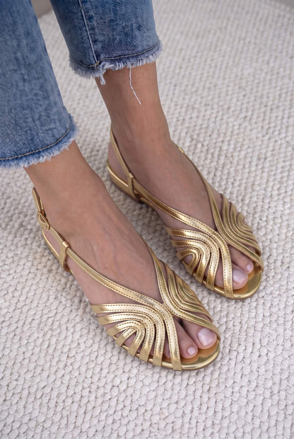 Metallic Gold Wavy Strappy Round Toe Slingback Sandals