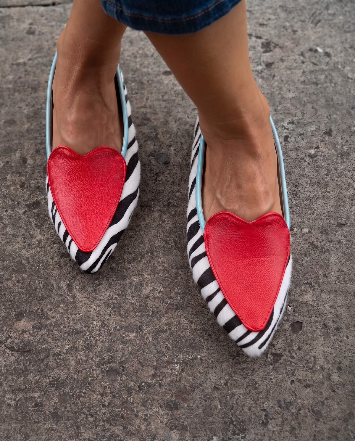 Bold Zebra Print Pointed Toe Vegan Leather Flats with Heart