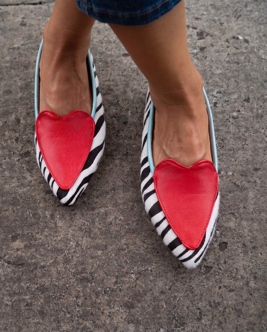 Bold Zebra Print Pointed Toe Vegan Leather Flats with Heart