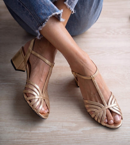 Elegant Metallic Gold T-Strap Peep Toe Multi Strap Flat Sandals