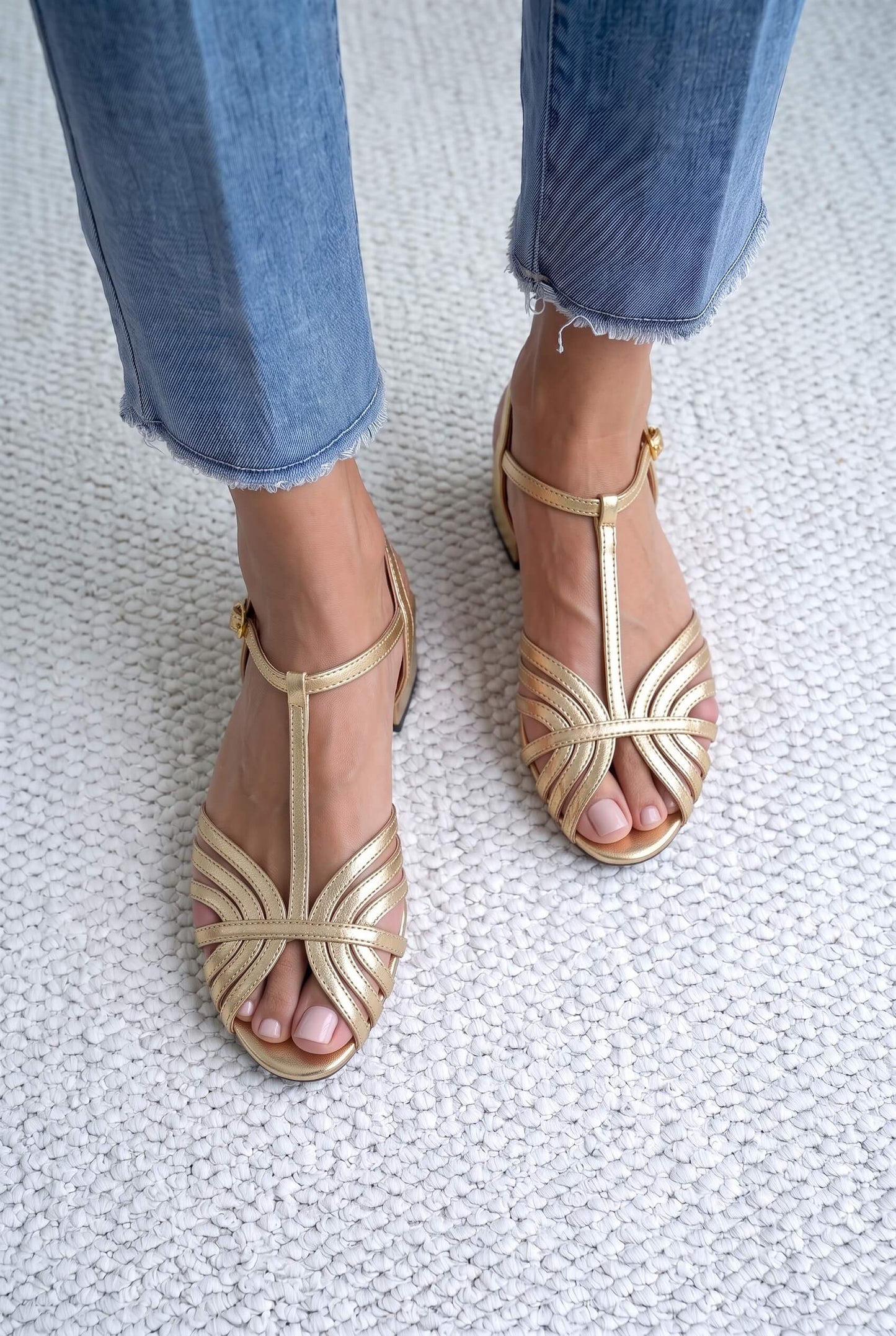 Elegant Metallic Gold T-Strap Peep Toe Multi Strap Flat Sandals