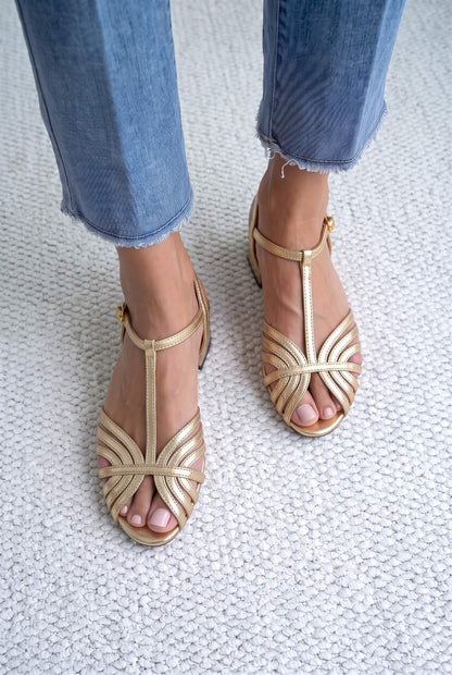Elegant Metallic Gold T-Strap Peep Toe Multi Strap Flat Sandals