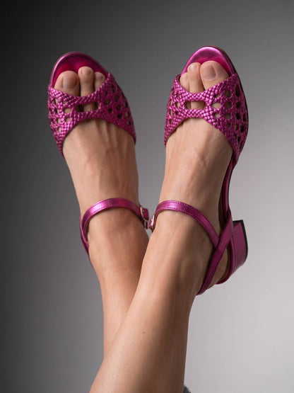 Leather Cross Strap Slingback Low Heel Sandals