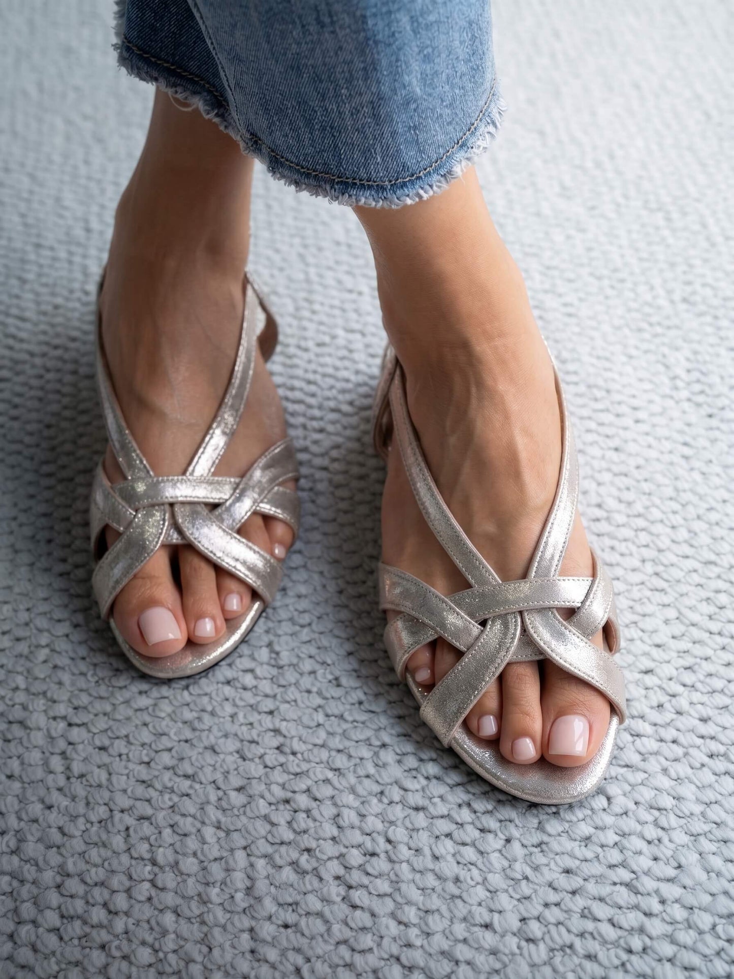 Leather Cross Strap Slingback Low Heel Sandals