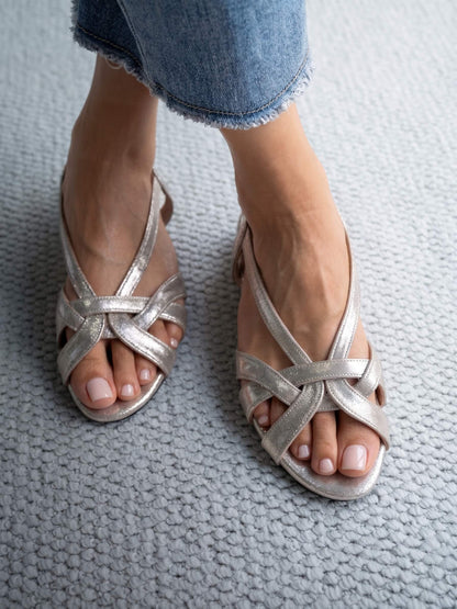Leather Cross Strap Slingback Low Heel Sandals