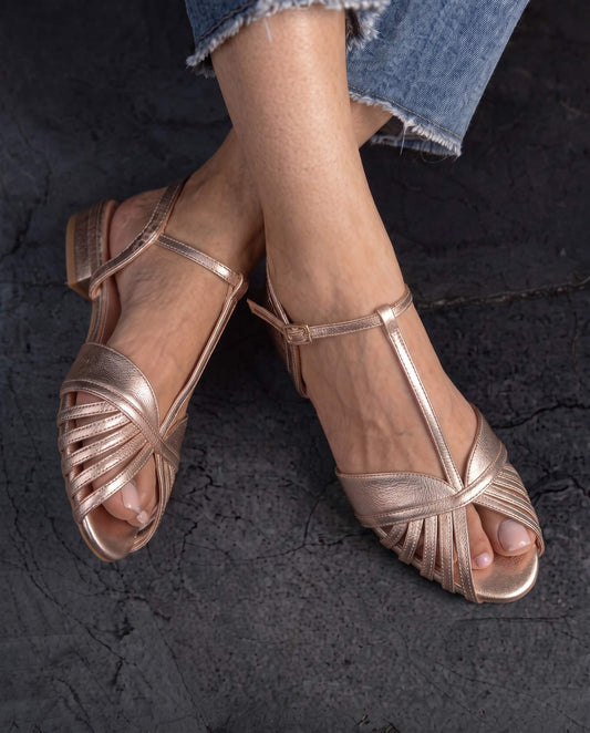 Vintage-Inspired Champagne Gold Pleated Peep-Toe T-Strap Sandals