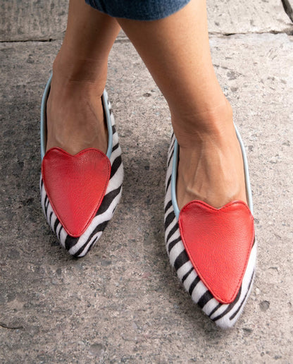 Bold Zebra Print Pointed Toe Vegan Leather Flats with Heart