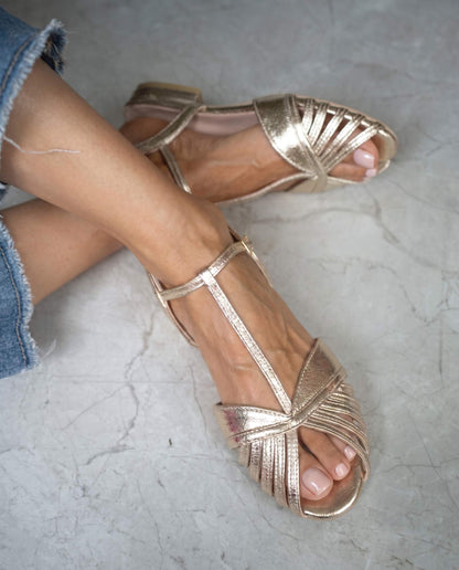 Vintage-Inspired Champagne Gold Pleated Peep-Toe T-Strap Sandals