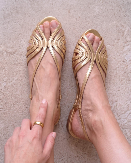 Elegant Metallic Gold Vegan Leather Wavy Cutout Slingback Flats