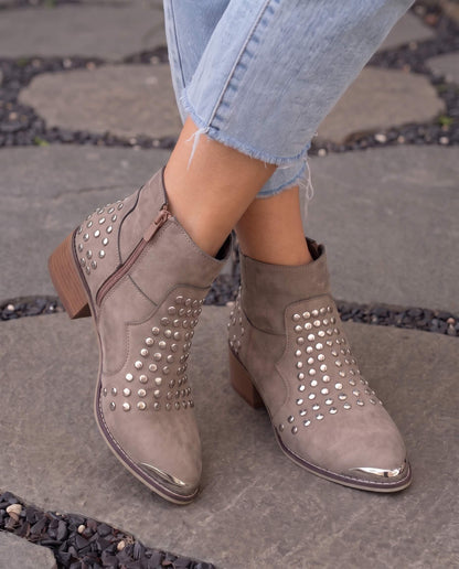 Western-Inspired Taupe Suede Studded Ankle Boots with Metal Tip