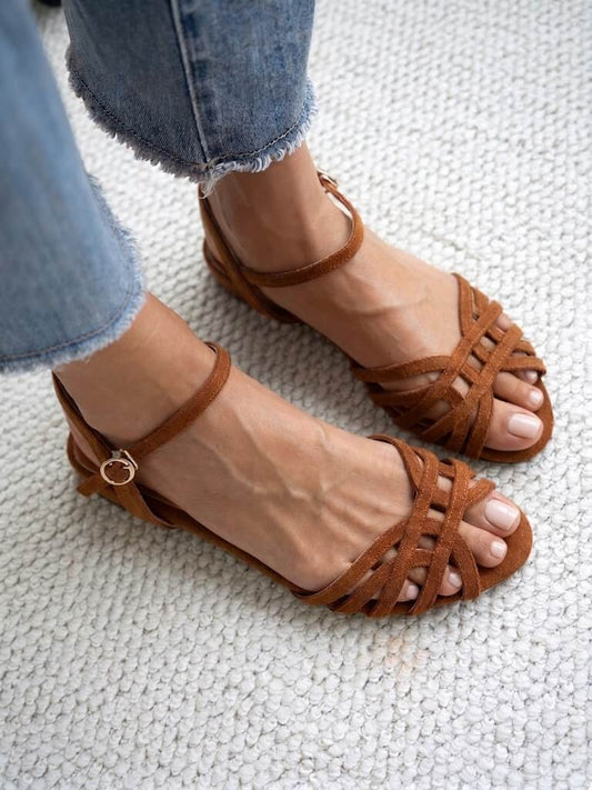 Vintage Tan Suede Multi Strap Ankle Buckle Flat Sandals