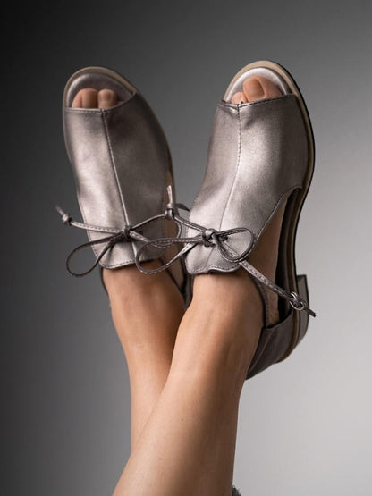 Metallic Sheen Patchwork Tie Up Peep Toe Chunky Heels Silver Sandals